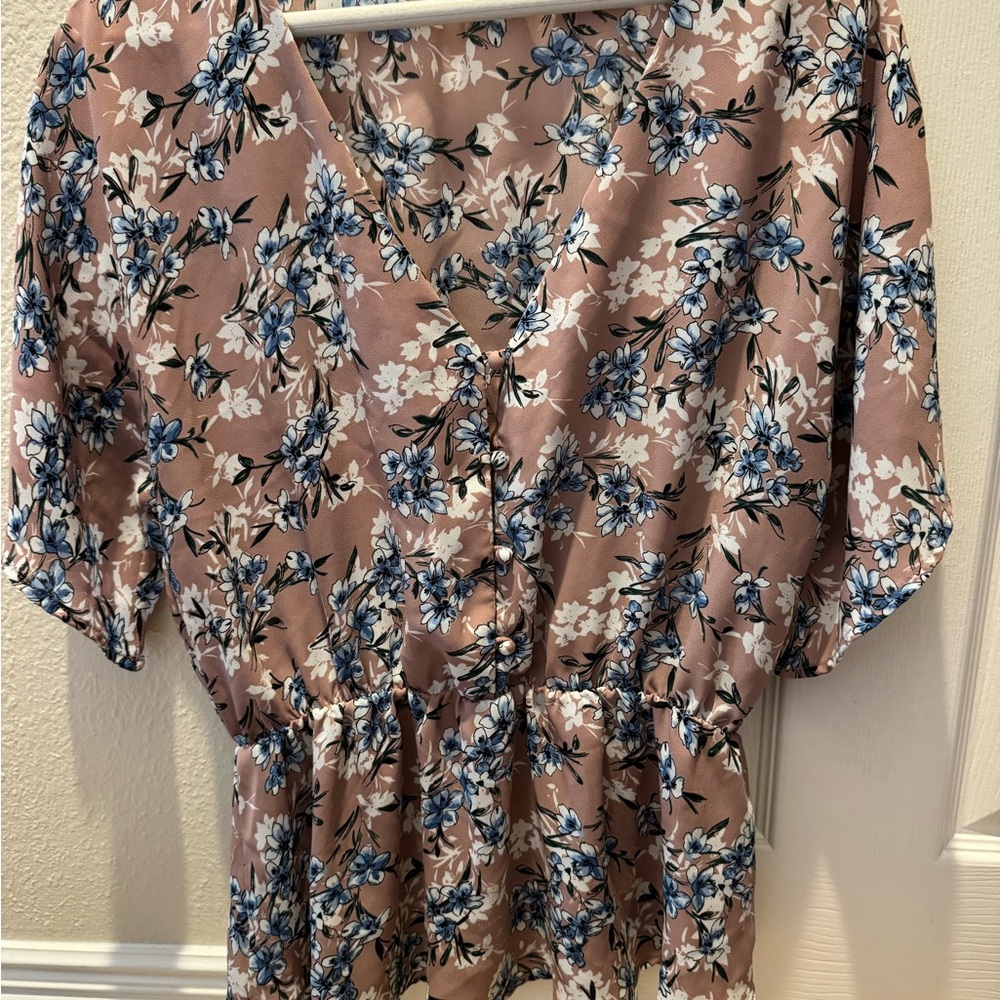 Sienna Sky Dusty Rose Floral V-Neck Peplum Blouse with Blue Flowers